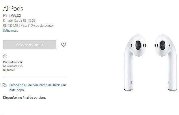 AirPods, fones de ouvido sem fio da Apple, em loja online da empresa. Foto: Reprodução/Apple.com.br